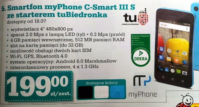 Smartfon myPhone C-Smart III S w Biedronce za 199 z